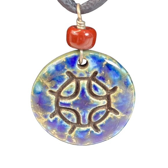 Handcrafted Ceramic Pendant Necklace With Blue & Red Beads On Black Cord A499 - Picture 3 of 5